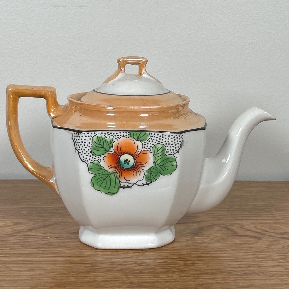 Teapot Lusterware Hand Painted Floral Porcelain Art Orange Shabby Chic Japan Vtg